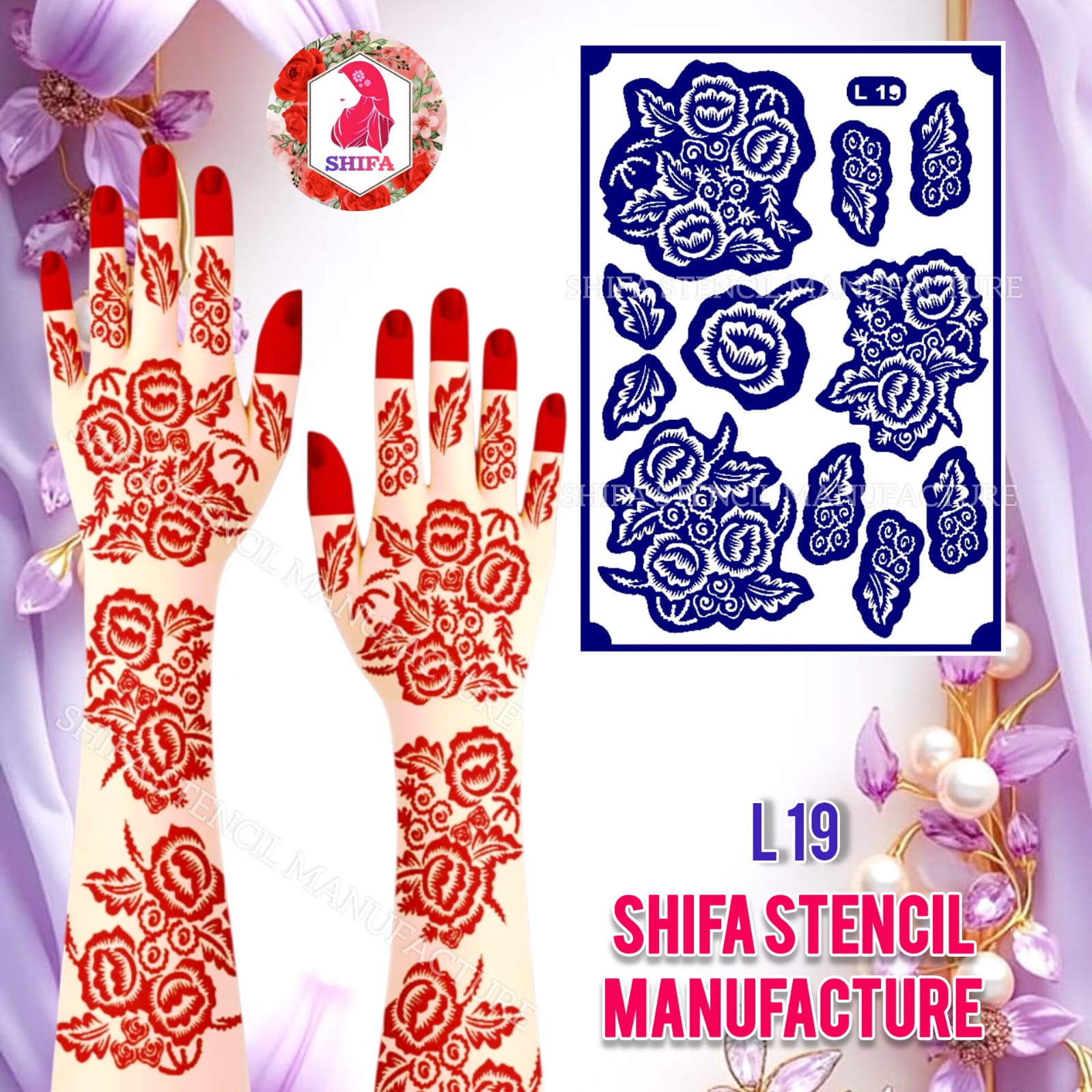 L19 Vintage Floral Charm Sticker Overview Henna Stencil - Shifa Stencil